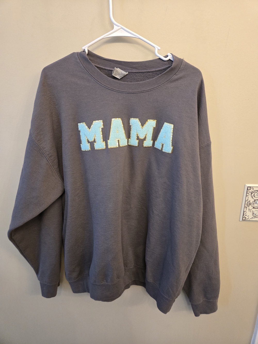 Gildan Gray Crewneck Sweatshirt with Light Blue MAMA Applique